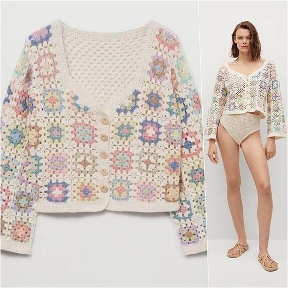 RARE Mango Granny Square Crochet Crop Cardigan Handmade XS Small - Picture 1 of 8